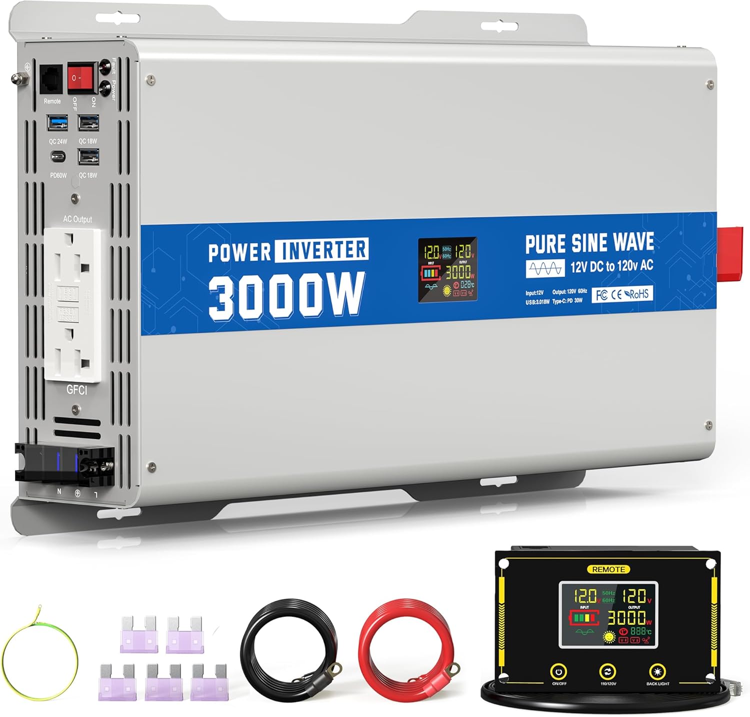 3000W Pure Sine Wave Power Inverter 12V DC to 120V AC Converter 6000 Watt Peak Power Multi-Display Screen with 2 GFCI Outlet 30W USB and 18W Type-C for Car RV Truck Boat Off-Grid, Gray Blue