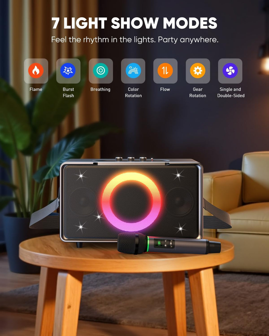 GFEEN Portable Bluetooth Speaker: 100W(160W Peak), 15H Playtime, Wireless Speakers with Microphone, 5″ Subwoofer, Loud Sound, Light Show, Fast Charging for Outdoor, Party, Backyard(Silver with 1Mic)