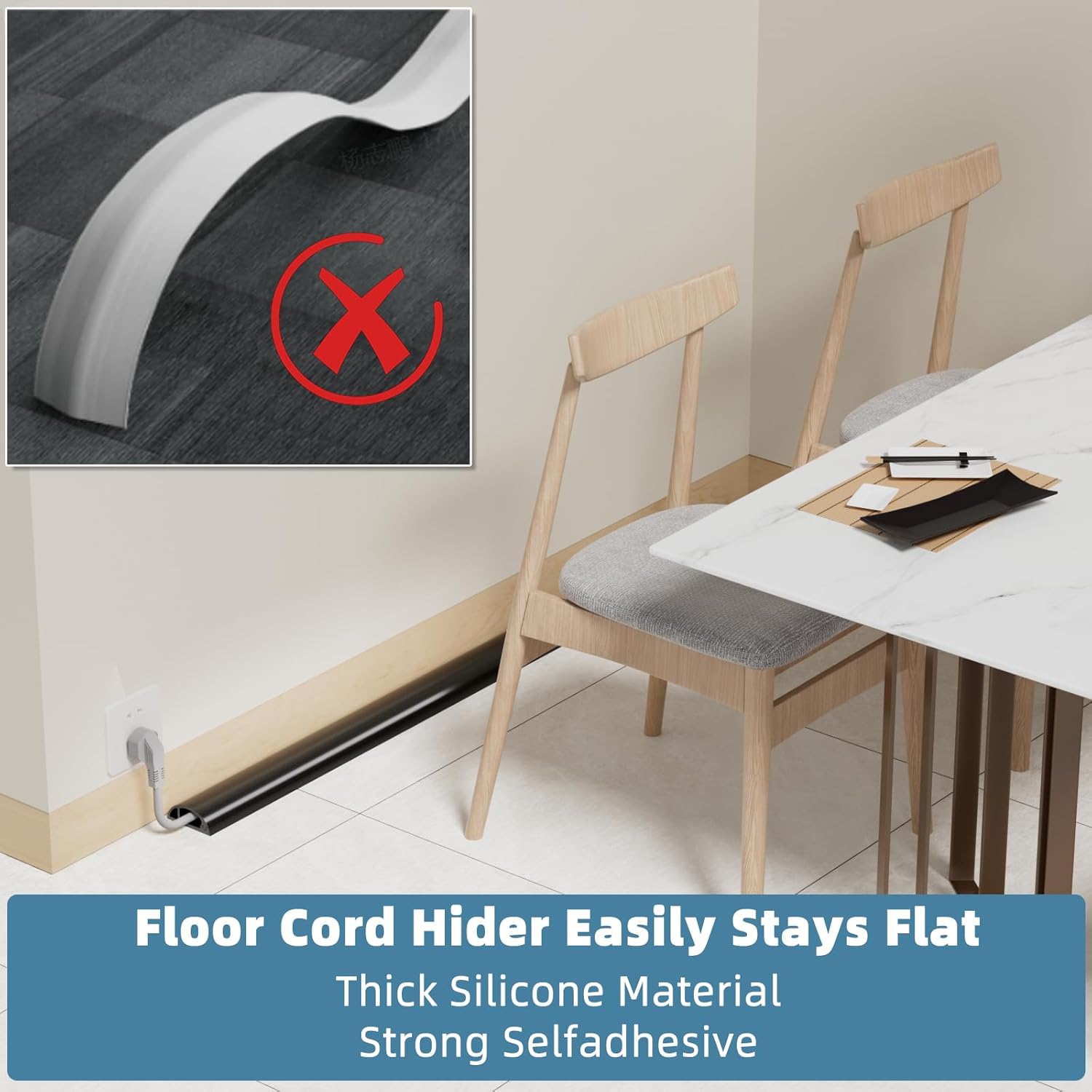 6ft Side Buckle Floor Cord Cover for Wires, Selfadhesive Extension Cord Hider Easy Floor Cable Management Prevent Cable Trips,Silicone Floor Wire Covers for Cords, Cable Protector Cord Cavity（Black）