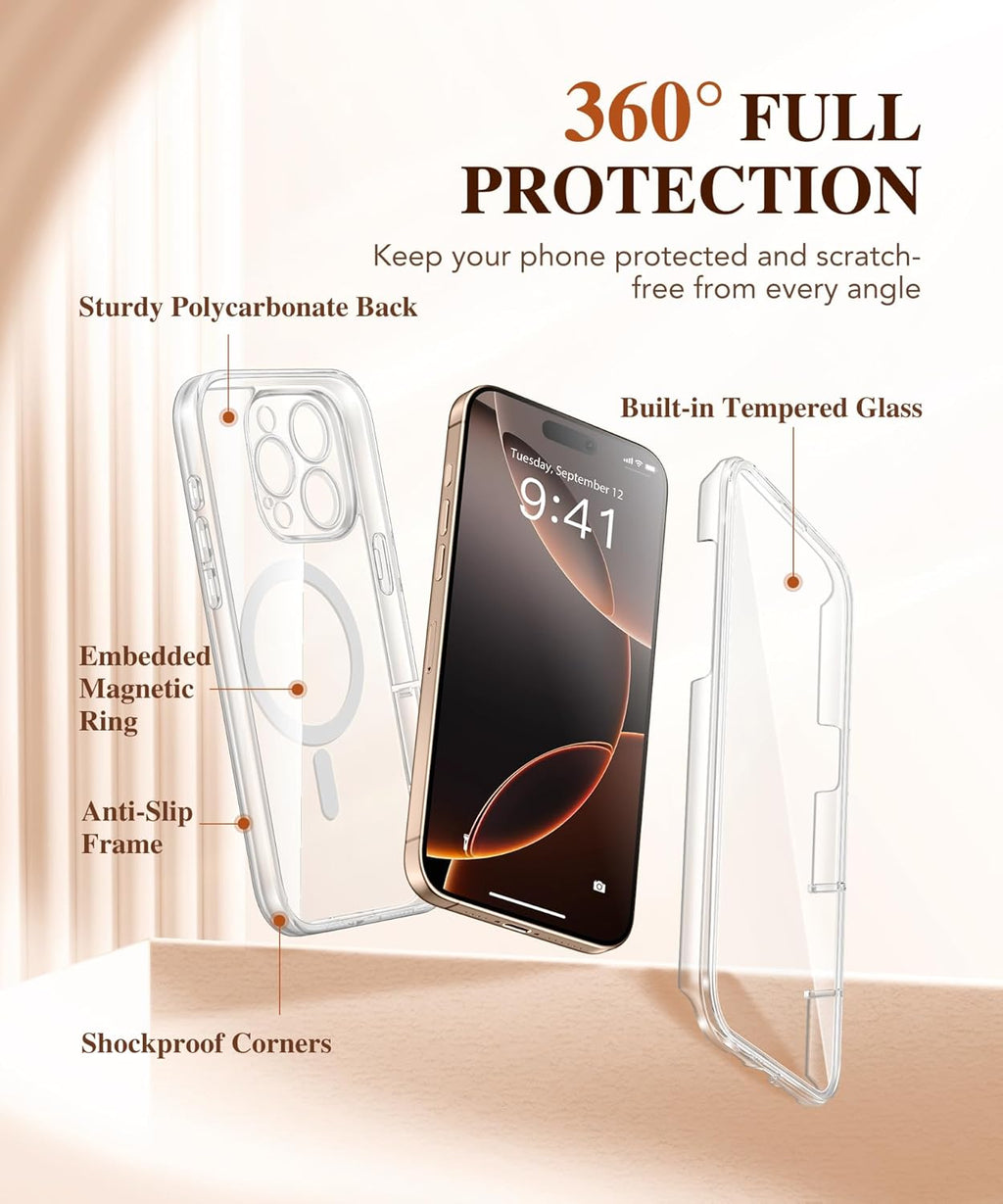 BERFY Magnetic for iPhone 16 Pro Case, Compatible with Magsafe, Built-in 9H Tempered Glass Screen Protector & Upgraded Camera Protection, Full-Body Shockproof Phone Case for 16 Pro 6.3", Clear