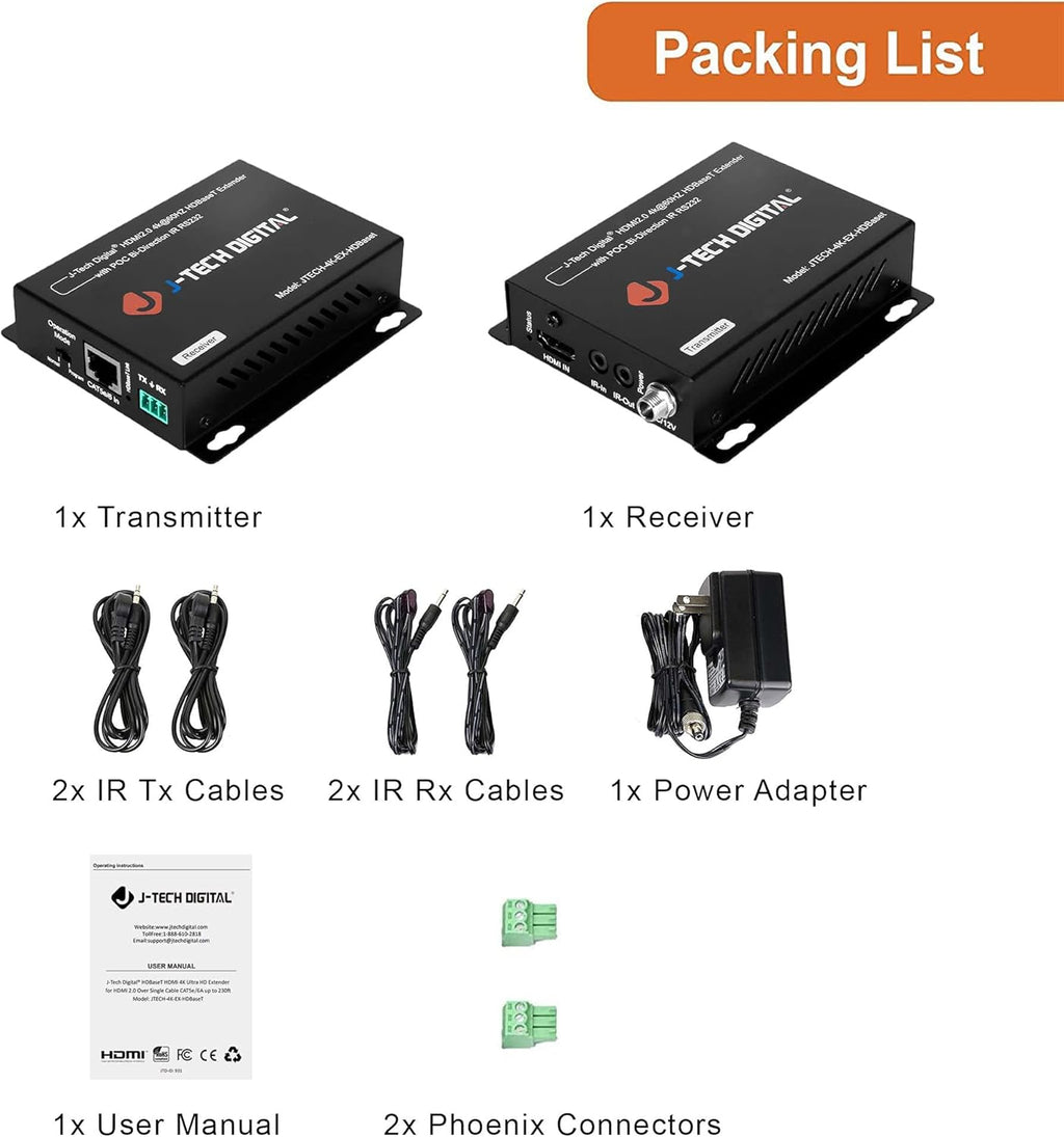 J-Tech Digital 4K HDBaseT HDMI Extender Over Cat5e/6 Ethernet up to 230ft (1080P) 130ft (4K), Supports HDCP 2.2/1.4, RS232, Bi-Directional IR and PoC