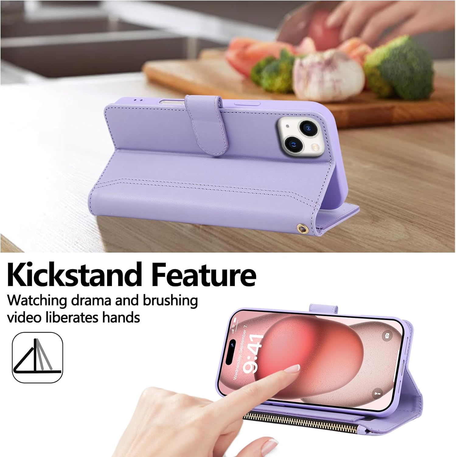Compatible with iPhone 13/14 Wallet Phone Case-PU Leather Magnetic Flip Cover with Credit Card Slots,Zipper Pocket & Detachable Wrist Strap,Shockproof Design,for Women and Men-Purple