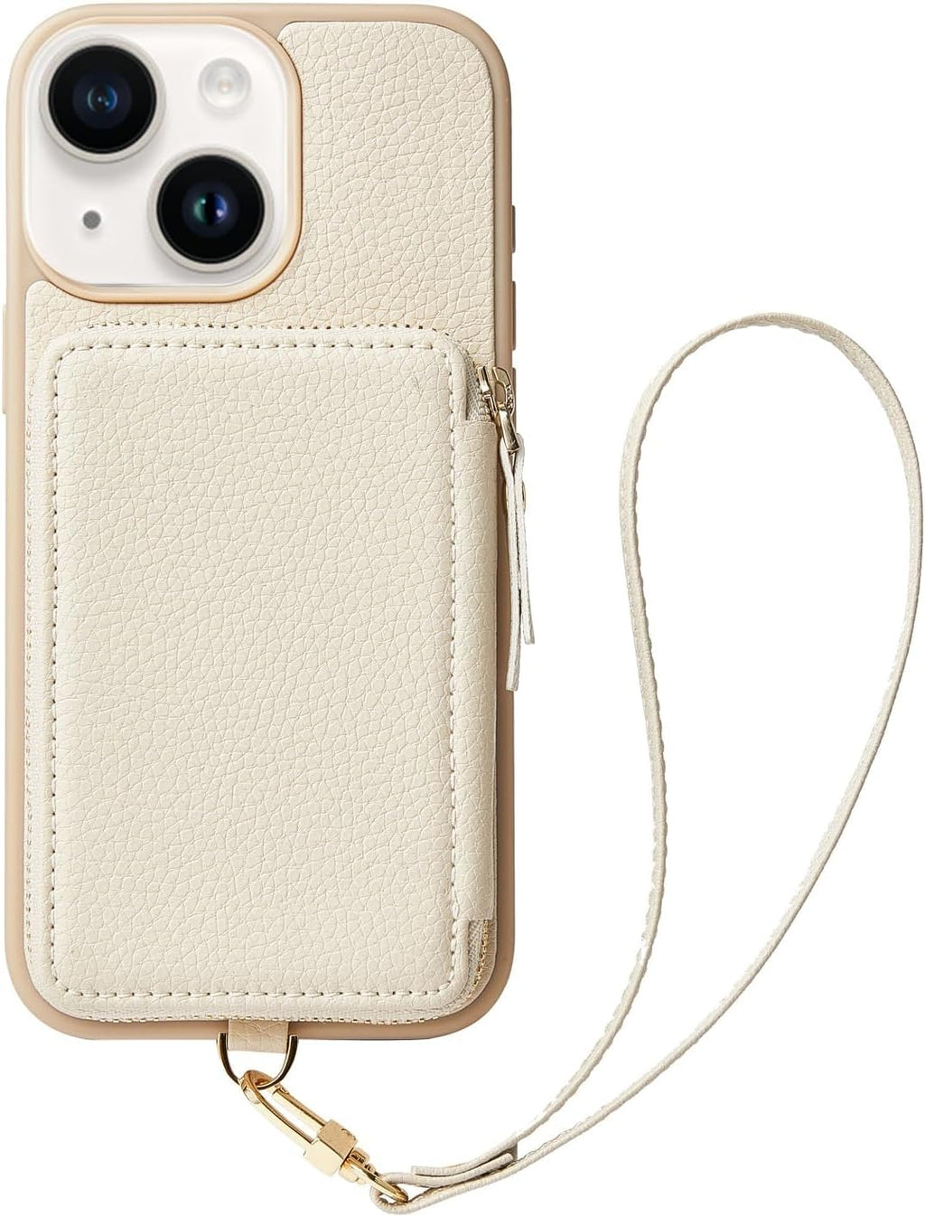 ZVE Wallet Case for iPhone 15, Phone Case with Card Holder Wrist Strap Compatible iPhone 15, RFID Blocking Zipper Leather Gift Cover for Women for iPhone 15, 6.1"(2023) - Beige