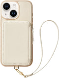 ZVE Wallet Case for iPhone 15, Phone Case with Card Holder Wrist Strap Compatible iPhone 15, RFID Blocking Zipper Leather Gift Cover for Women for iPhone 15, 6.1"(2023) - Beige