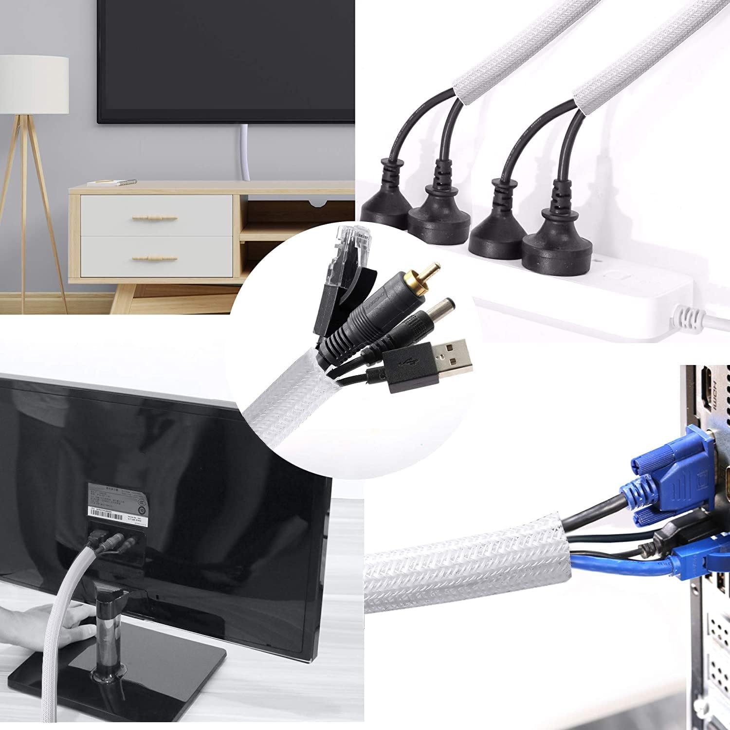 CrocSee 25ft - 1 inch Braided Cable Management Sleeve Cord Protector - Self-Wrapping Split Wire Loom for TV/Computer/Home Theater/Engine Bay - White