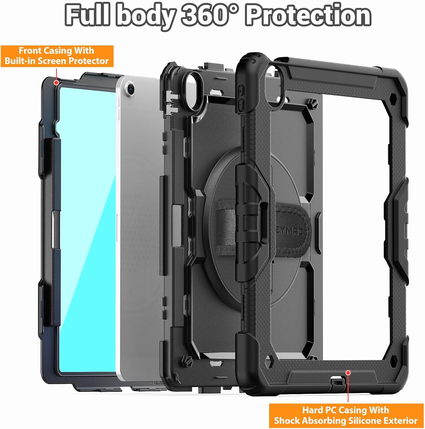 SEYMAC for iPad Air 13 Inch Case M3 2025/ M2 2024, Heavy Duty Shockproof Protective Case with Screen Protector, 360° Rotating Stand, Hand/Shoulder Strap and Pen Holder for iPad Air 13, Black