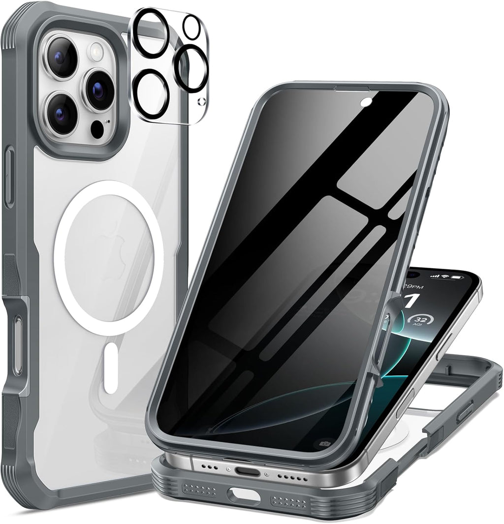 seacosmo for iPhone 16 Pro Case, Full Body Bumper with Built-in 9H Tempered Glass Privacy Screen Protector and Camera Lens Protector, Compatible with MagSafe, Shockproof Phone Cover, 6.3", Gray