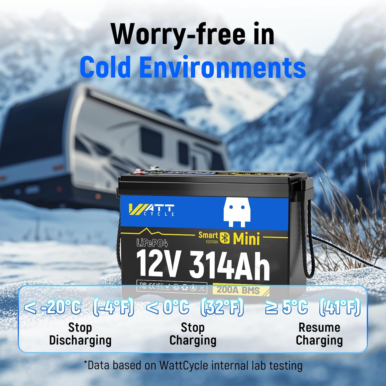 12V 314Ah Lithium LiFePO4 Battery Mini with Bluetooth 5.0 BMS 200A, 4.01kWh Energy, Upgraded Aluminum Cooling Fins & Braided Copper Wires, upporting devices over 2000W (2 PCAK)
