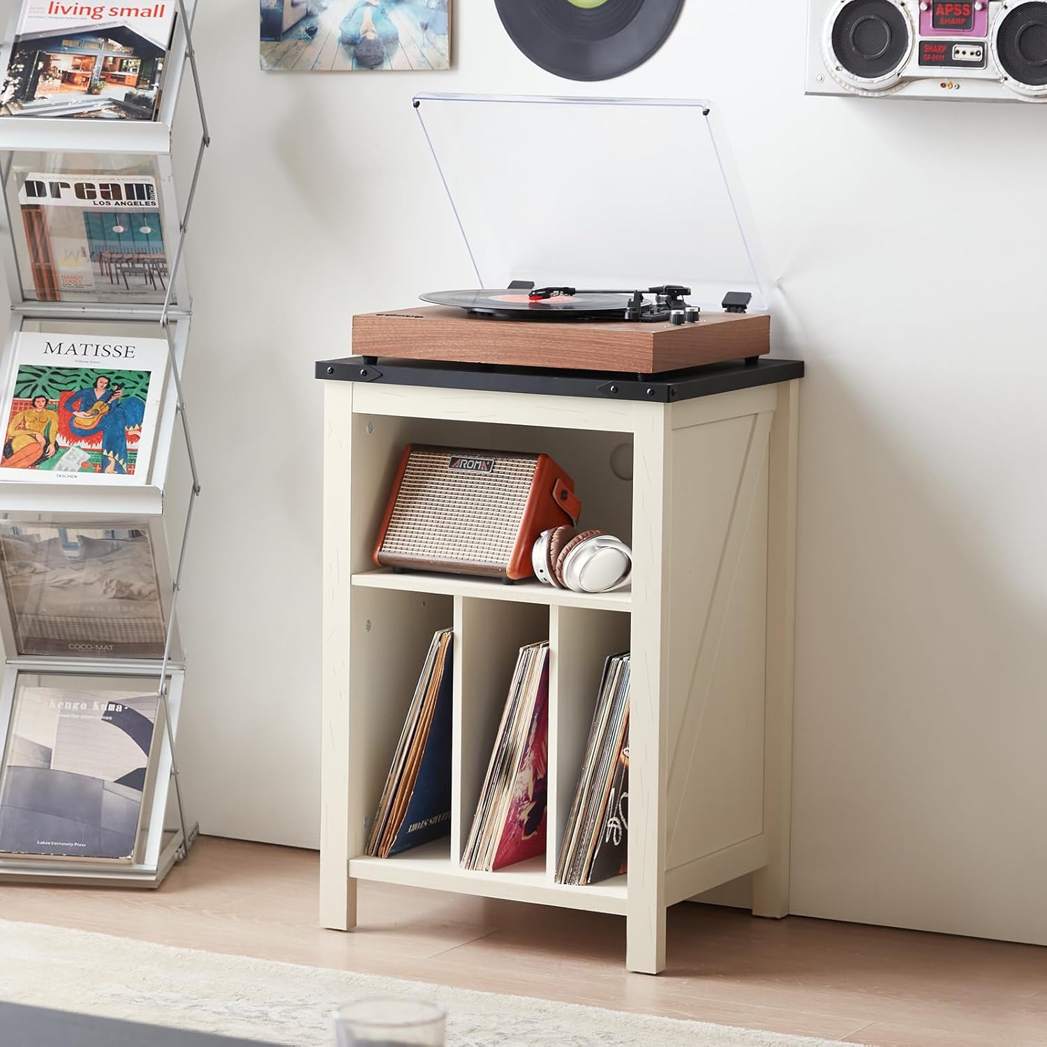 Record Player Stand with Vinyl Record Storage Holds up to 160 Albums,Large Wood Record Player Table，White Turntable Stand Cabinet Dispaly Shelf for Living Room,Bedroom,Office