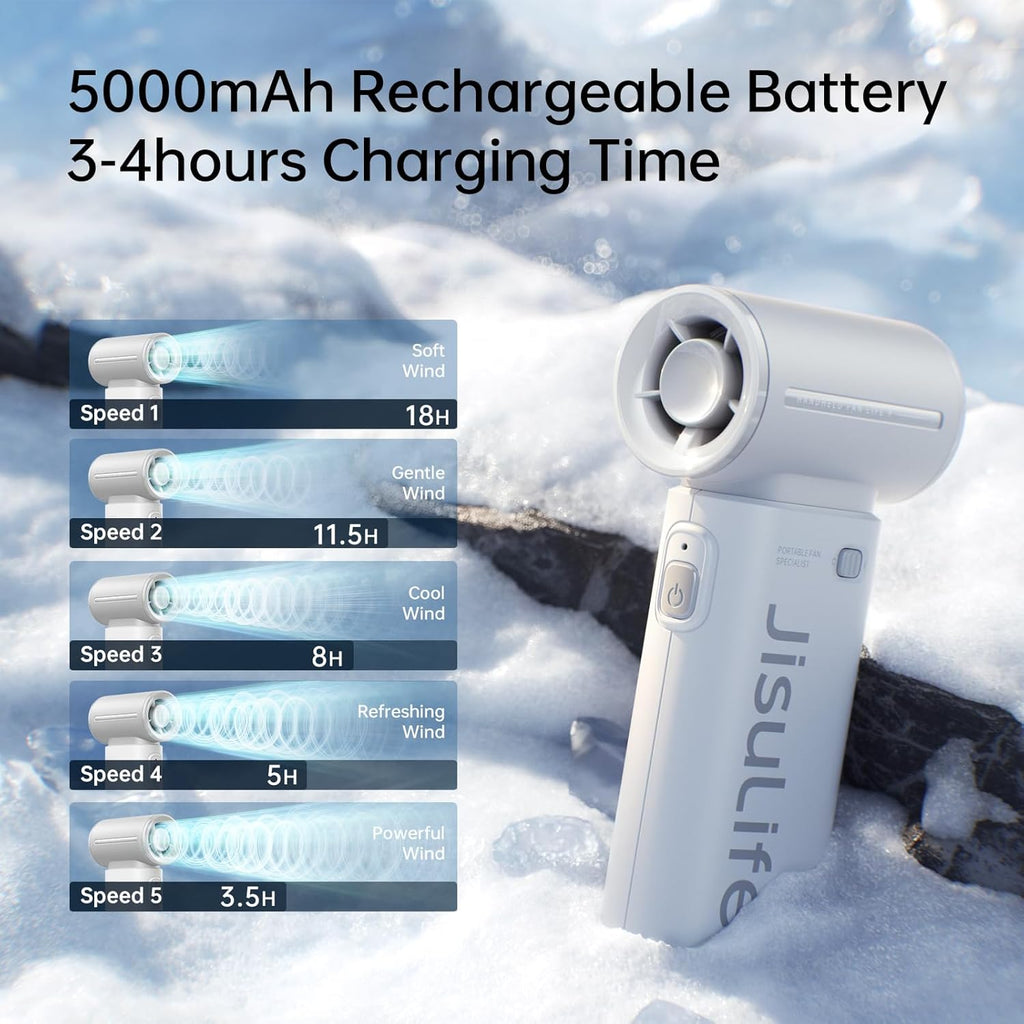 JISULIFE Portable Handheld Fan Life9, Turbo Power High Speed Air [18H Max Cooling Time], 5 Gear Wind, 5000mAh Rechargeable, Mini Pocket Design, Personal Fan for Travel Concerts Camping Makeup - Grey