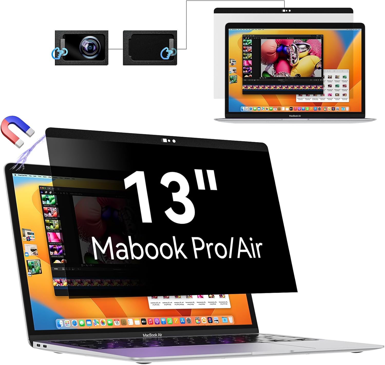 Privacy Screen MacBook Pro 13 Inch(2016-2022, M1, M2)/MacBook Air 13 in (2018-2021, M1), Magnetic Removable Anti Glare Blue Light Filter with Camera Cover,Anti Spy Laptop Screen Protector for Mac 13In