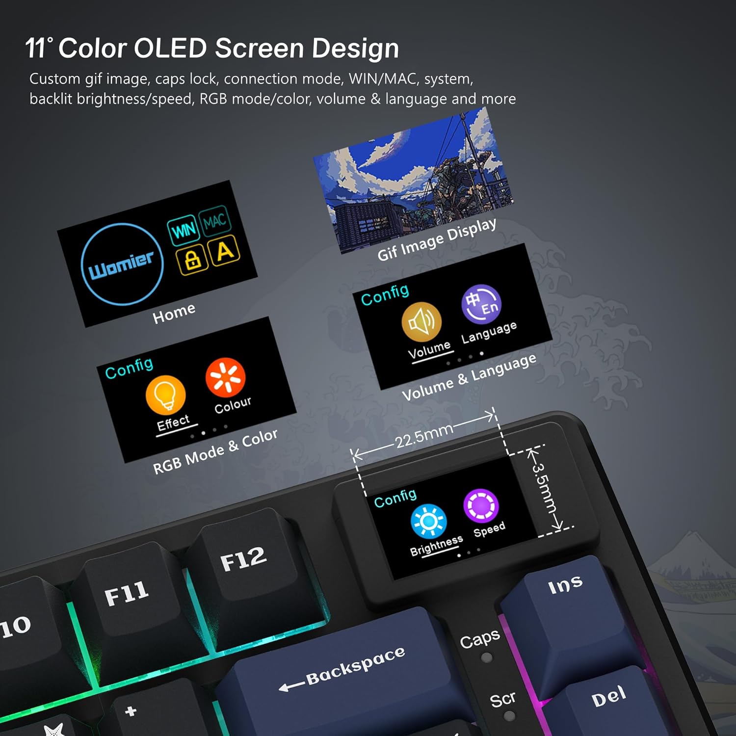 Womier S-K80 75% Keyboard with Color Multimedia Display Mechanical Gaming Keyboard, Wired Hot Swappable Gasket Mount RGB Custom Key Board, Pre-lubed Stabilizer for Mac/Win, Black Kanagawa