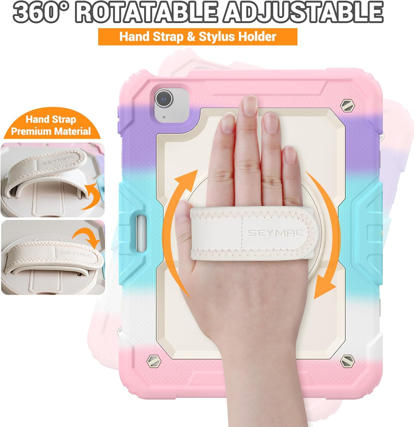 SEYMAC for iPad Air 5th/ 4th Generation Case 10.9", Full-Body Shockproof Protective Case with Screen Protector, Rotating Stand/Handle/Shoulder Strap/Pencil Holder for iPad Air 5/ Air 4, Colorful/Pink