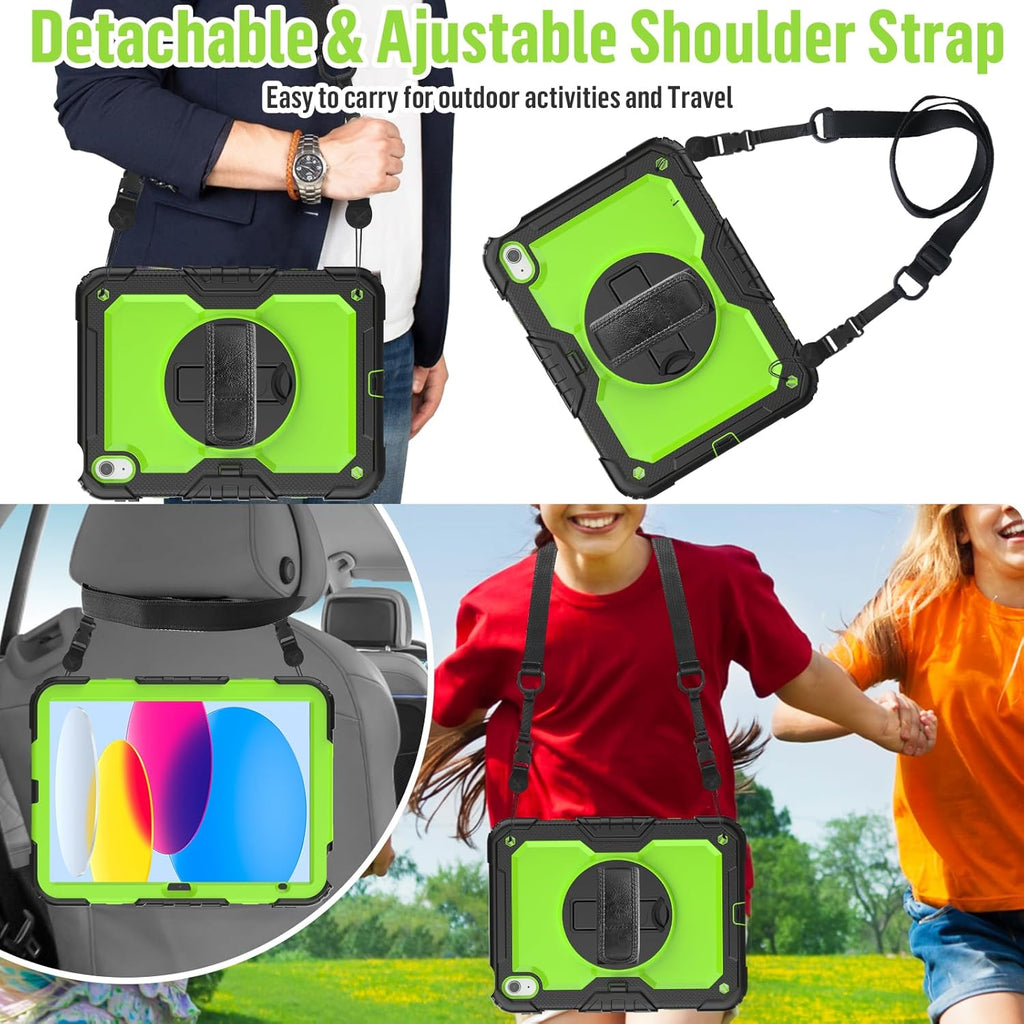 BLOSOMEET Case for iPad A16 11th/10th Generation 11''/10.9'' 2025/2022 with Tempered Glass Screen Protector & Pencil Holder, Rugged Military Grade Cover w/Stand Hand Shoulder Strap, Green