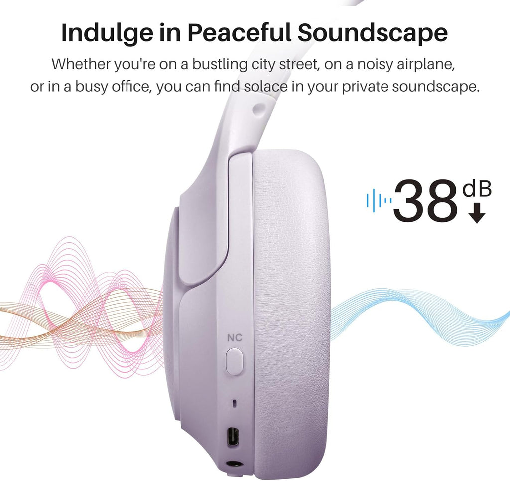 TOZO HT2 Hybrid Active Noise Cancelling Headphones, Wireless Over Ear Bluetooth Headset, 60H Playtime, Hi-Res Audio Custom EQ via App Deep Bass Comfort Fit Ear Cups, for Home Office Travel Purple