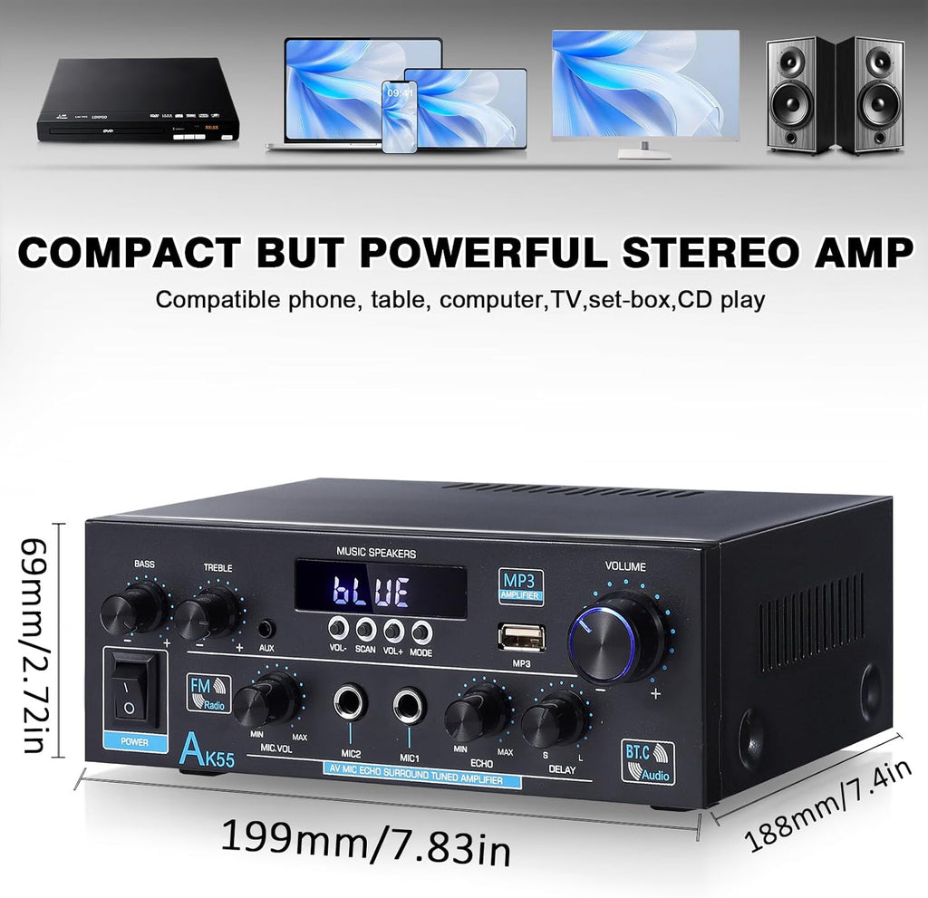 AK55 Bluetooth 5.0 Amplifier Home Audio,2.0 Channel Max 450W Power Stereo Amplifier Receiver w/USB/AUX/RCA/Opt/COA /2 MIC in for Home Theater Speakers
