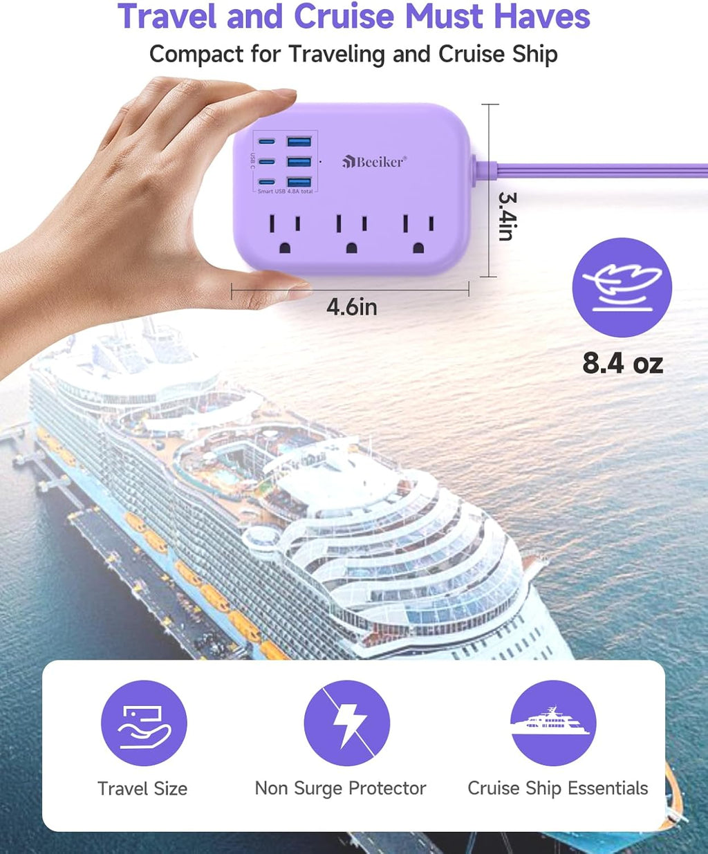 6 USB(3 USB C) Purple Travel Power Strip- 5Ft Purple Extension Cord with USB Charging Station 24W and 3 Outlets, Pink Desk Accessories for Cruise Travel Cute Kawaii Lavender Home Office Dorm Room