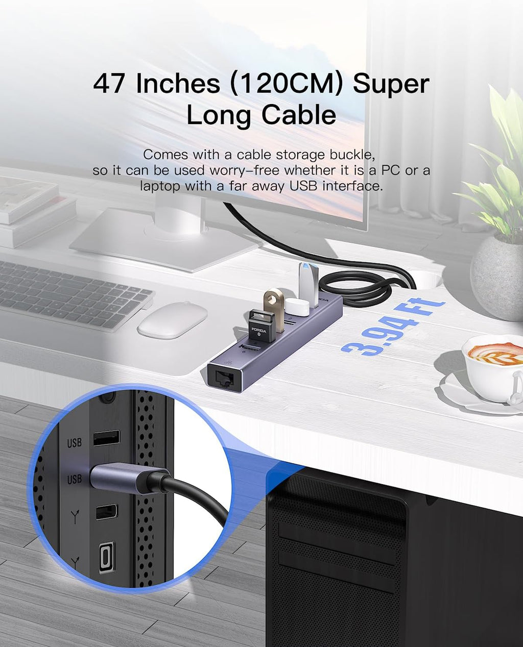 7 Port USB Hub USB Ethernet HUB with 3.9ft Long Cable for Laptop, USB Splitter with Gigabit Ethernet Port and 5V/3A Power Port, MultiPort Aluminum Expander for Laptop, iMac, PC, Flash Drives