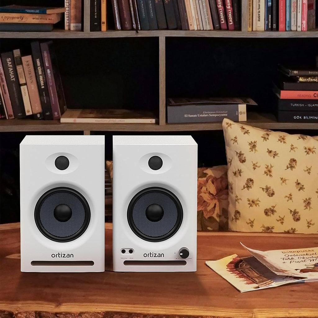 Ortizan C7 Dual-Mode 2.0 Studio Monitors, Active Monitor Speakers for Near Field Music Production, Bluetooth 5.3 Wireless Computer PC Monitor Gaming Bookshelf Speakers(Pair, White)
