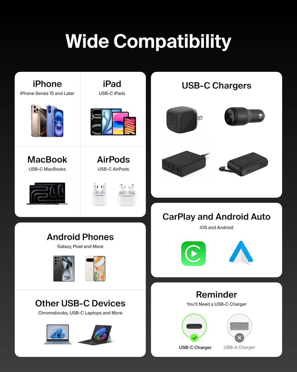 Belkin USB C to USB C Cable, 3.3ft, 240W - Type C Charger, iPhone Charger Cord, Soft, Braided, Flexible for iPhone 17, Galaxy S25, Pixel 10, MacBook, Chromebook, iPad Pro, Switch Steam Deck – Black