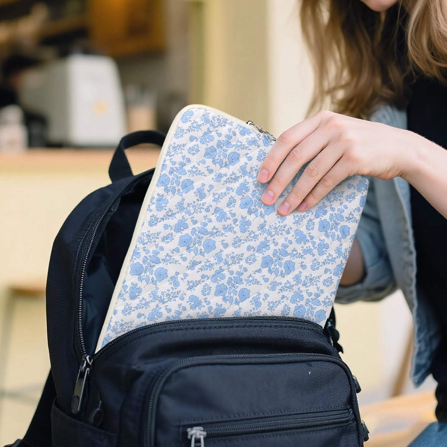 Puffy Laptop Sleeve 13-15.6 Inch Cute Quilted Laptop Protective Case Padded Floral Computer Sleeve for MacBook (B-Blue, 15 Inch)