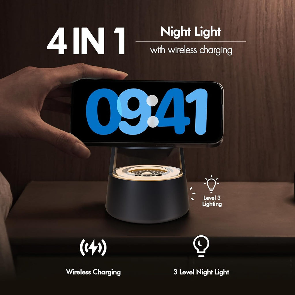 Wireless Charging Station for Magsafe: 4 in 1 Fast Charger Stand 15W with Mushroom Light for iPhone 16e 16 15 14 13 12 Pro Max - for Apple Watch Ultra and AirPods Series - Nightstand Bedside (Black)