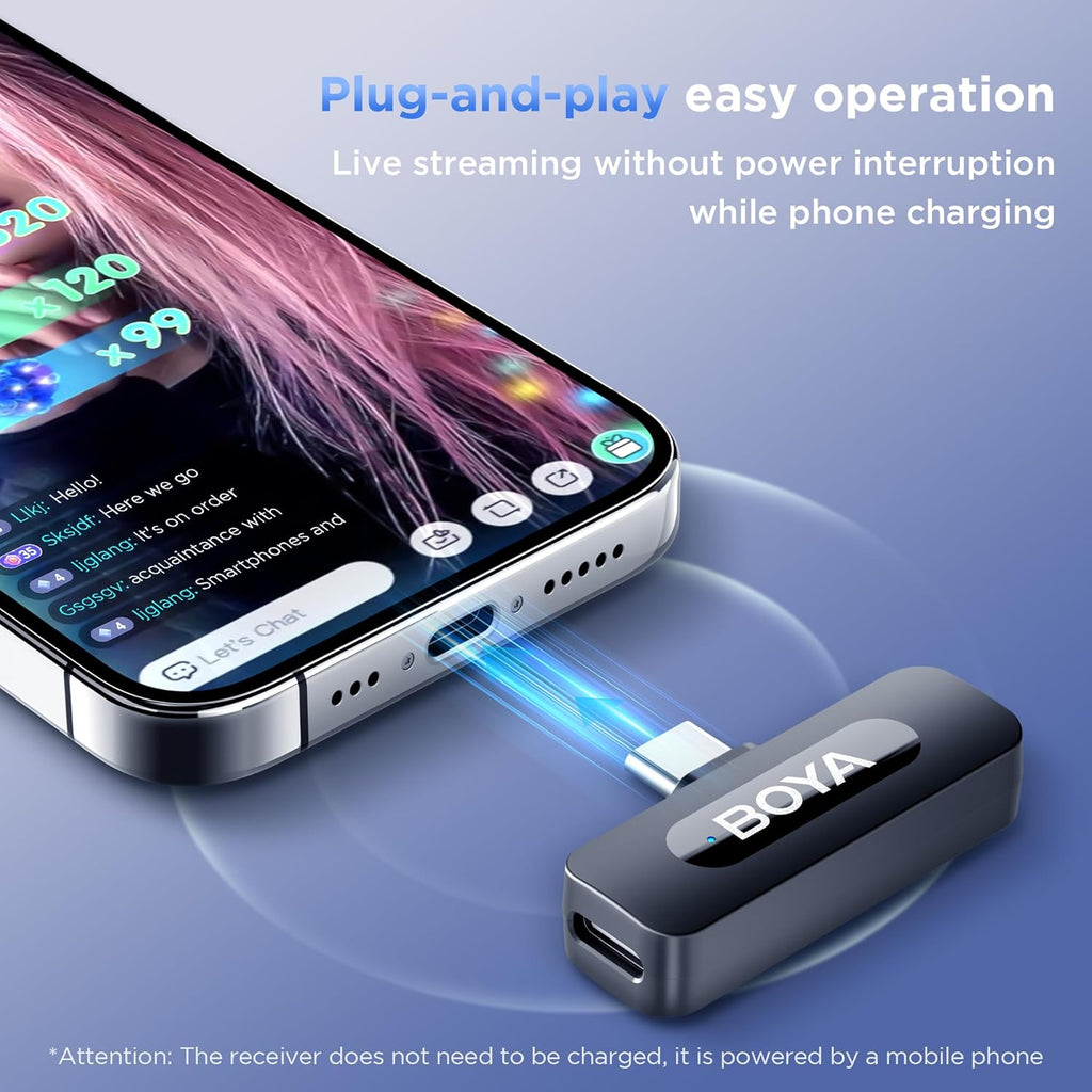 BOYA BY-V20 USB-C Wireless Microphone for Android Type-C,iPhone 16/15,328FT Los Range,9H Battery,Noise Reduction Mini Wireless Lavalier Lapel Mics for Interview YouTube TikTok(2TX+1RX)