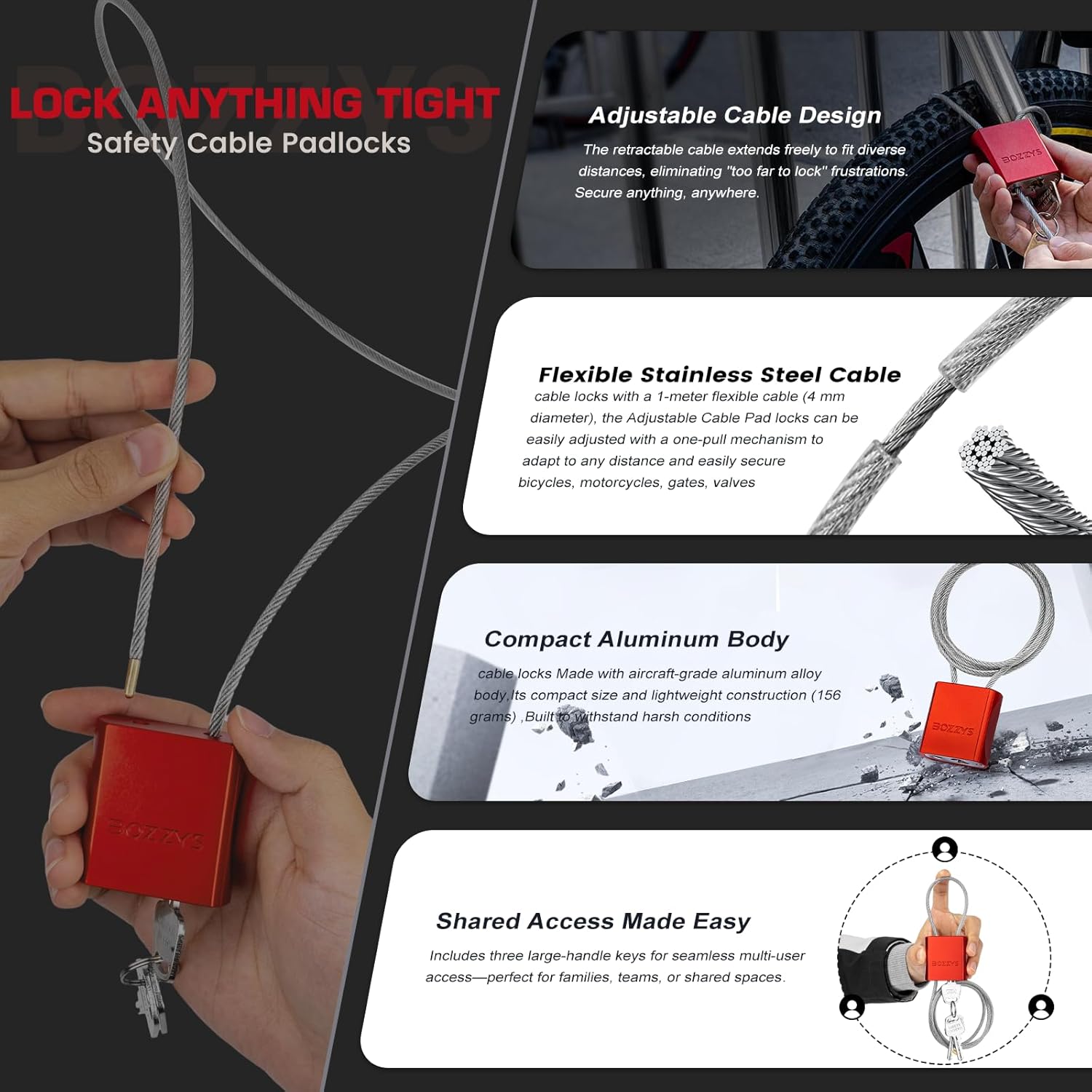 Cable Lock with 3 Keys | L 3.28ft(1m),D 1/6in(4mm) Adjustable Steel Cable Padlock | Aluminum Locks for Bikes, Gate, Lockers & Outdoor Gear | Weatherproof & Red