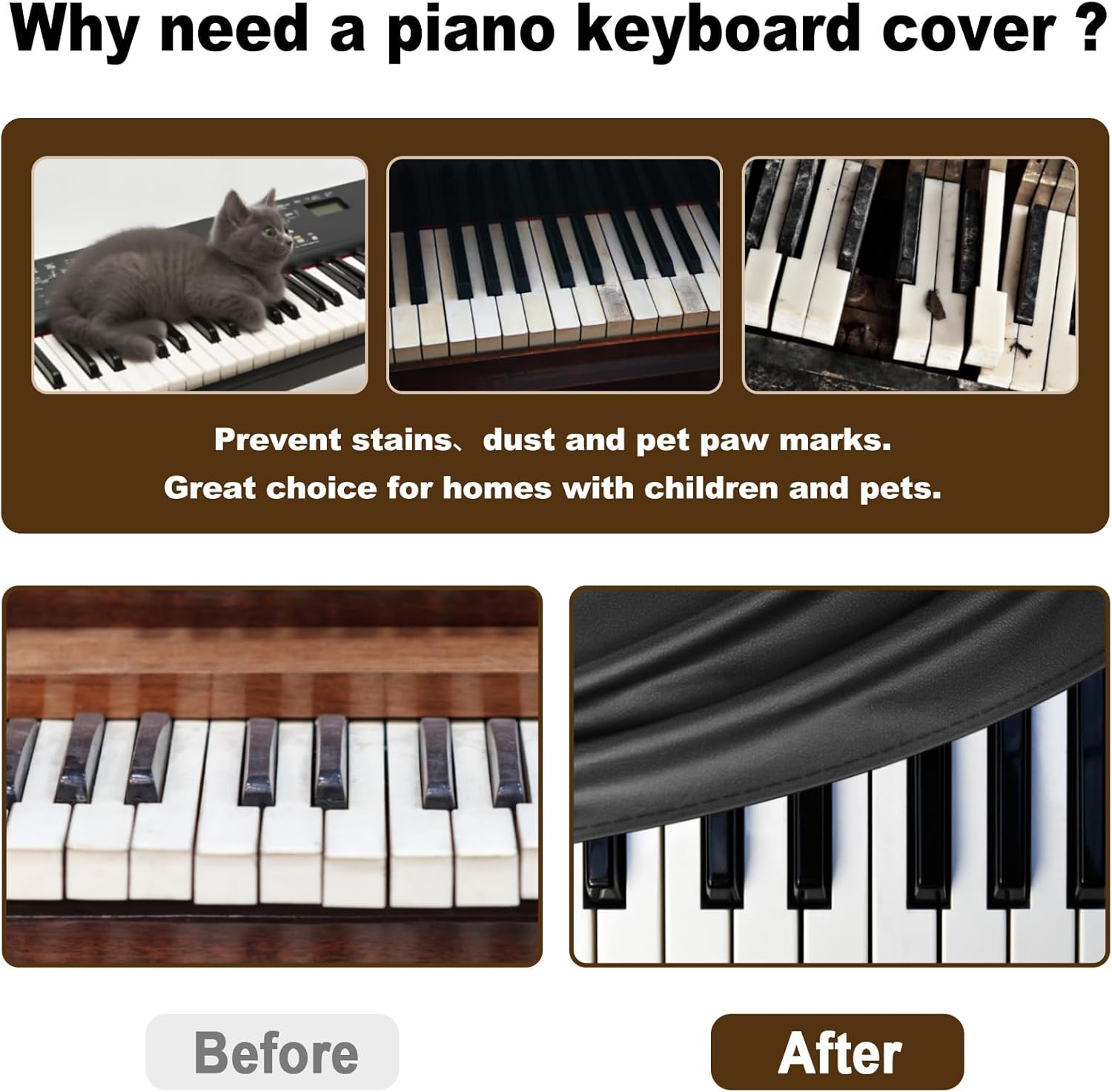 Explore Land 88 Keys Digital Piano Dust Cover with Music Stand Opening and Pockets - Waterproof Leatherette Electronic Keyboard Cover Fits for Most Piano