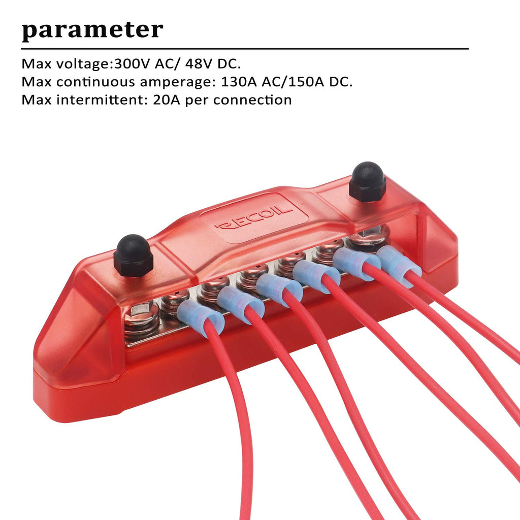 Recoil BBS25P Bus Bar 2 x M5 Studs and 5 Screw Terminals Power Distribution Block with Ring Terminals Pair Red & Black
