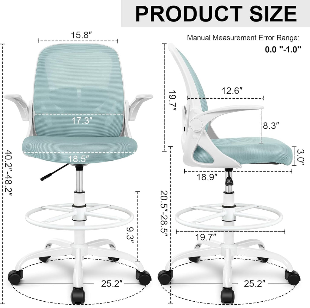 Primy Drafting Chair Tall Office Chair with Flip-up Armrests Executive Ergonomic Computer Standing Desk Chair with Lumbar Support and Adjustable Footrest Ring（Light Blue）