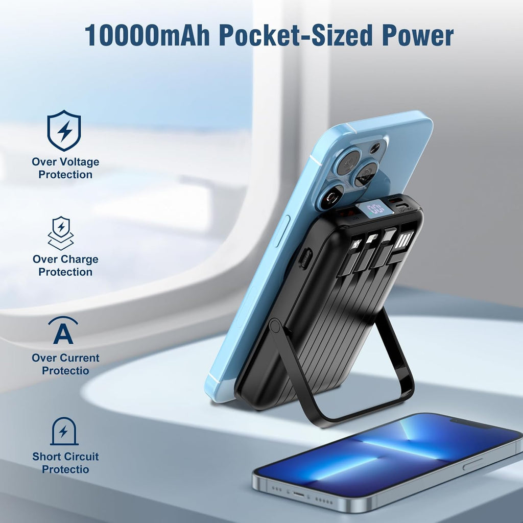 Wireless Portable Charger 10000mAh,Magnetic Power Bank with Built-in Cables LED Display,22.5W PD Fast Charging for Magsafe Battery Pack Compatible with iPhone16/15/14/13/12/Pro/Pro Max (Black)