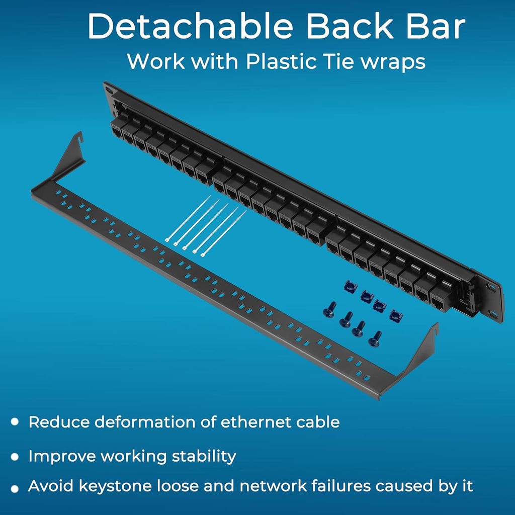 Rapink Patch Panel 24 Port Cat6 with Inline Keystone 10G Support, Pass-Thru Coupler Patch Panel UTP 19-Inch with Removable Back Bar, 1U Network Panel for Cat6, Cat5e, Cat5 Cabling