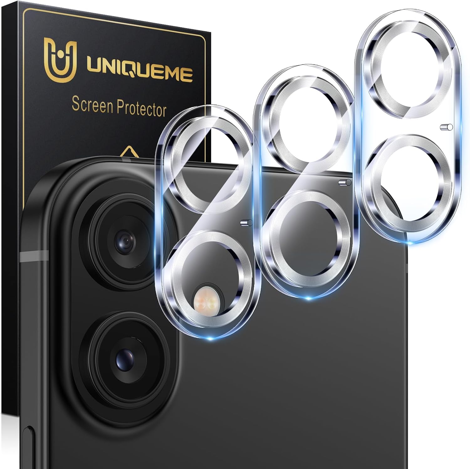 UniqueMe for 3 Pack iPhone 16 / iPhone 16 Plus Camera Lens Protector - [Drop Protection] [Case Friendly] 9H Tempered Glass Camera Cover Screen [Update New Version] - Silver