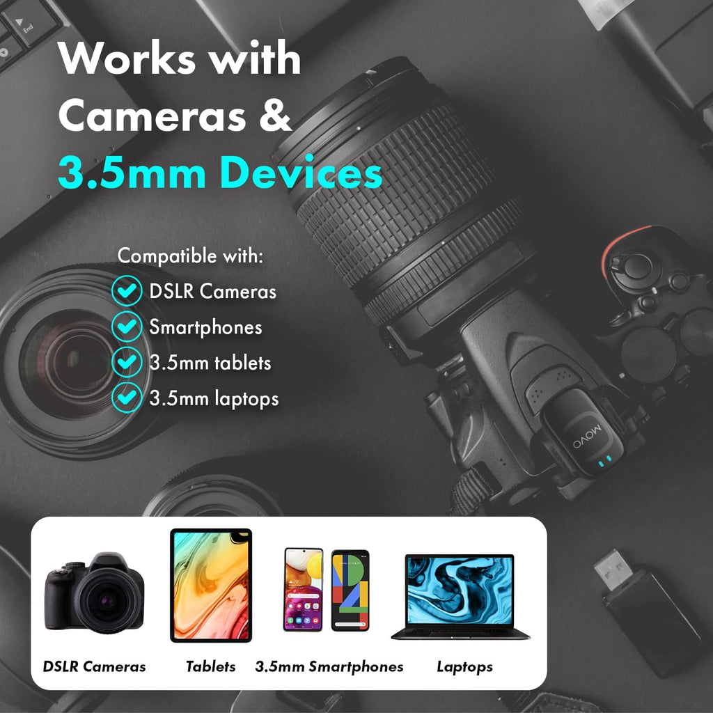 Movo NanoMic Wireless Lavalier Microphone for Camera – Clip-On TRS Wireless Mic System for DSLR, Camcorders, and Mirrorless Cameras – Dual Microphones with Charging Case for Video, Interviews