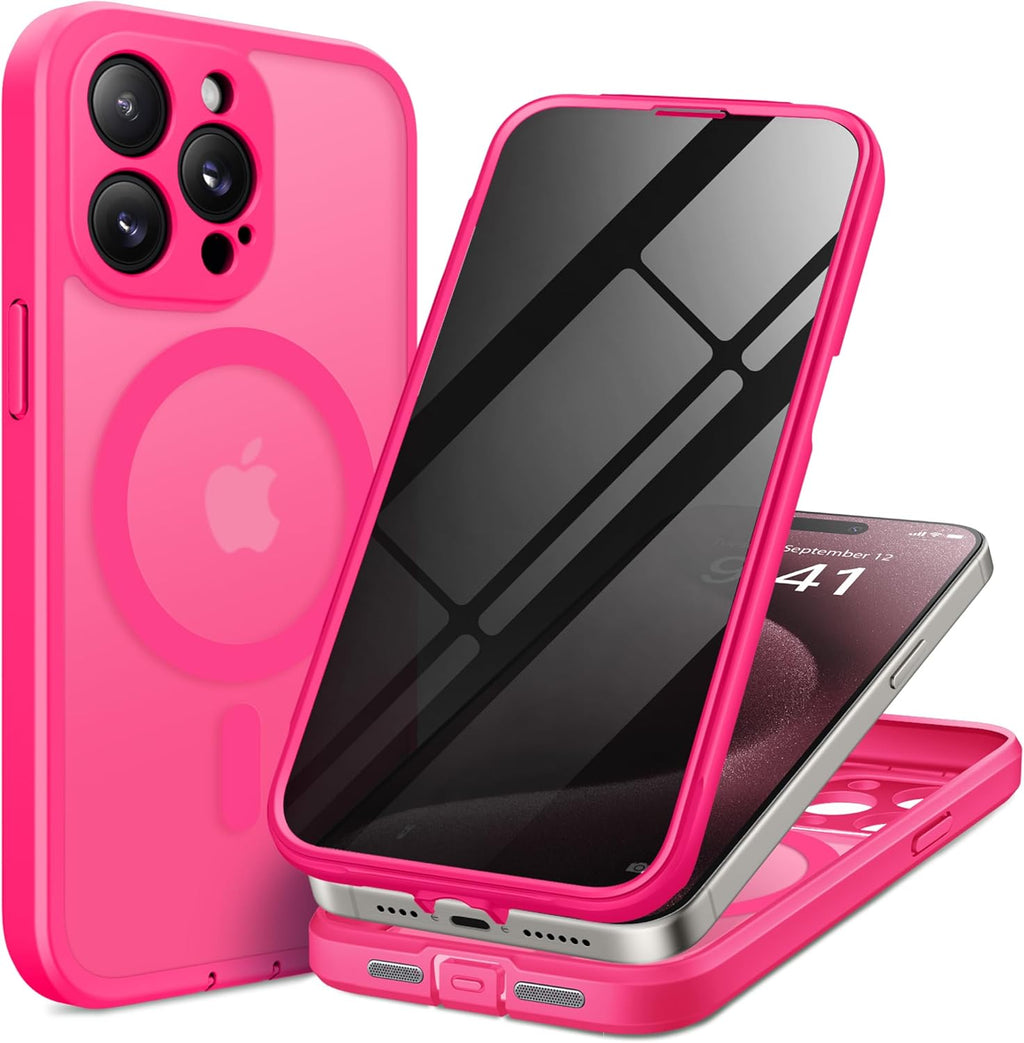 Magnetic for iPhone 15 Pro Case, Compatible with MagSafe, Built-in Privacy Screen Protector and Camera Protection, Anti Spy Full Body Dustproof Shockproof Hard Phone Case 6.1", Hot Pink