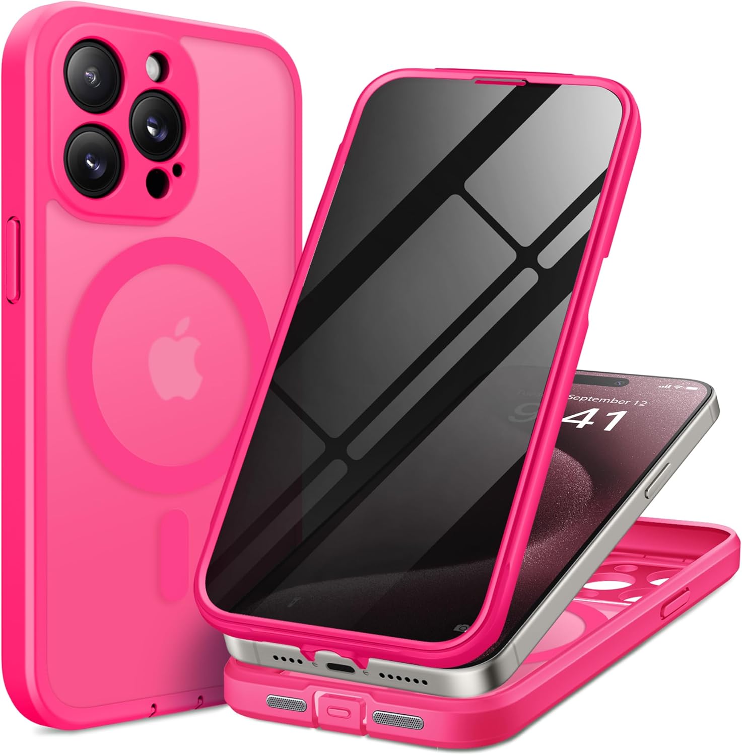 Magnetic for iPhone 15 Pro Case, Compatible with MagSafe, Built-in Privacy Screen Protector and Camera Protection, Anti Spy Full Body Dustproof Shockproof Hard Phone Case 6.1", Hot Pink
