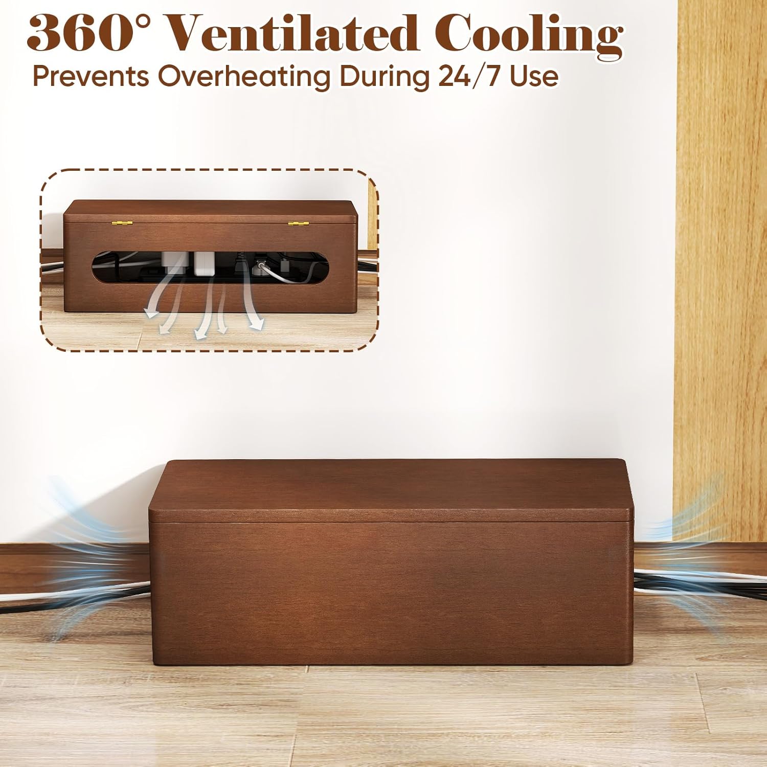 Delamu Wooden Cable Management Box with Magnetic Lid, Duty Cord Organizer for Desk Power Strip Hider Cover with Ventilation for Desk, Floor, Home Office, Baby Pets Safe Storage Solution