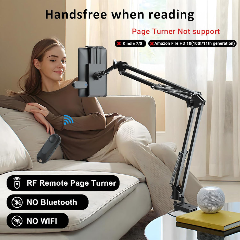 Tablet Holder for Kindle Reading in Bed with Remote Page Turner, Easy Adjust Hands Free Lazy Arm Mount for Kindle Accessories, Gifts for Readers
