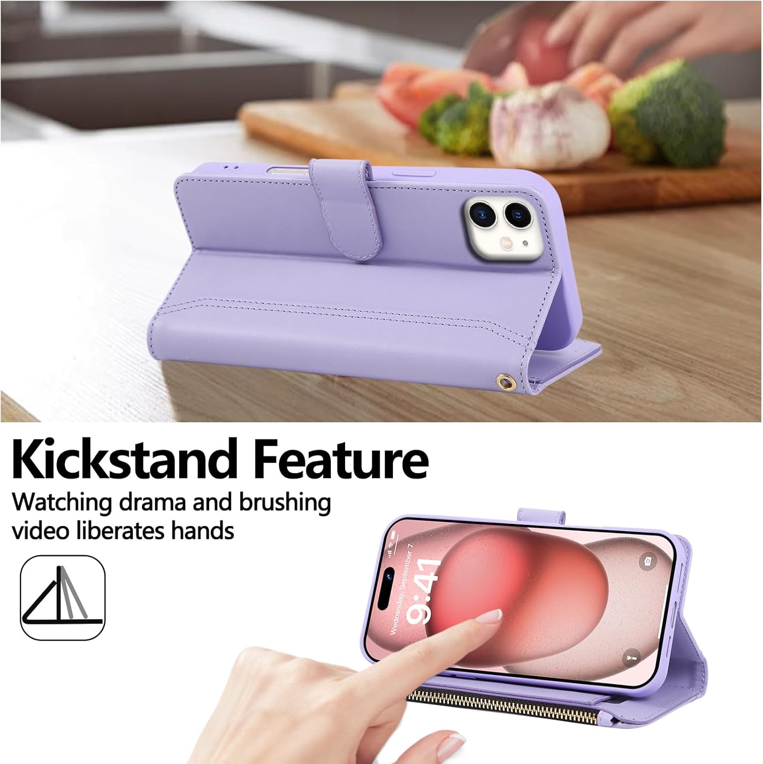 Compatible with iPhone 12/12 Pro Wallet Phone Case-PU Leather Magnetic Flip Cover with Credit Card Slots,Zipper Pocket & Detachable Wrist Strap,Shockproof Design,for Women and Men-Purple