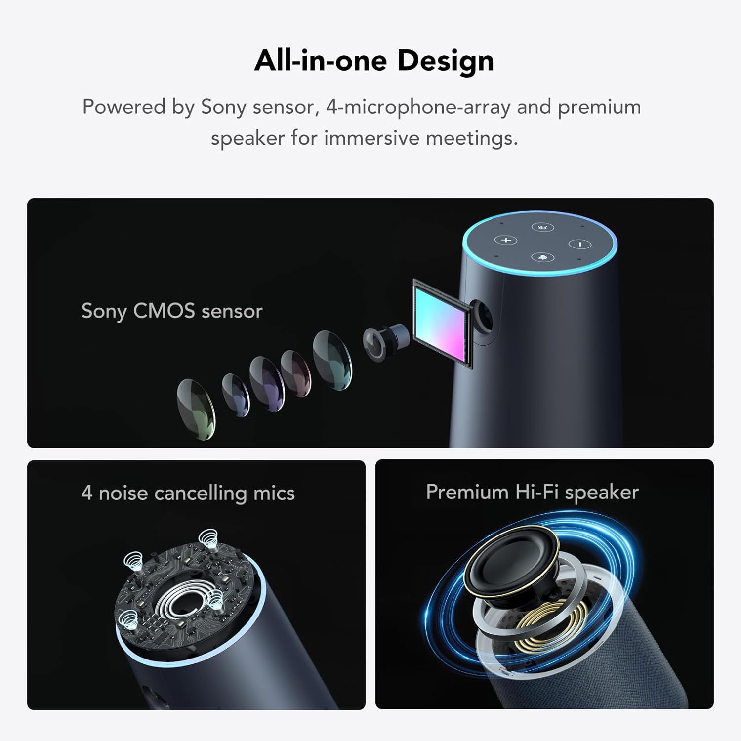 NUROUM C40(2nd Gen) 2K Video Conference Webcam with Microphone and Speaker, 5X Zoom, 4 Noise Cancelling Mics Conference Room Camera, 120°Ultra Wide Angle, 16ft Voice Pickup, for Zoom/Skype/Teams