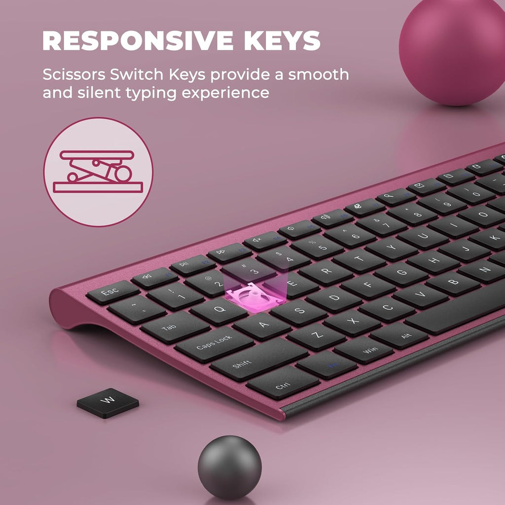 Wireless Keyboard and Mouse, Vssoplor 2.4GHz Rechargeable Compact Quiet Full-Size Keyboard and Mouse Combo with Nano USB Receiver for Windows, Laptop, PC, Notebook-Black and Wine Red
