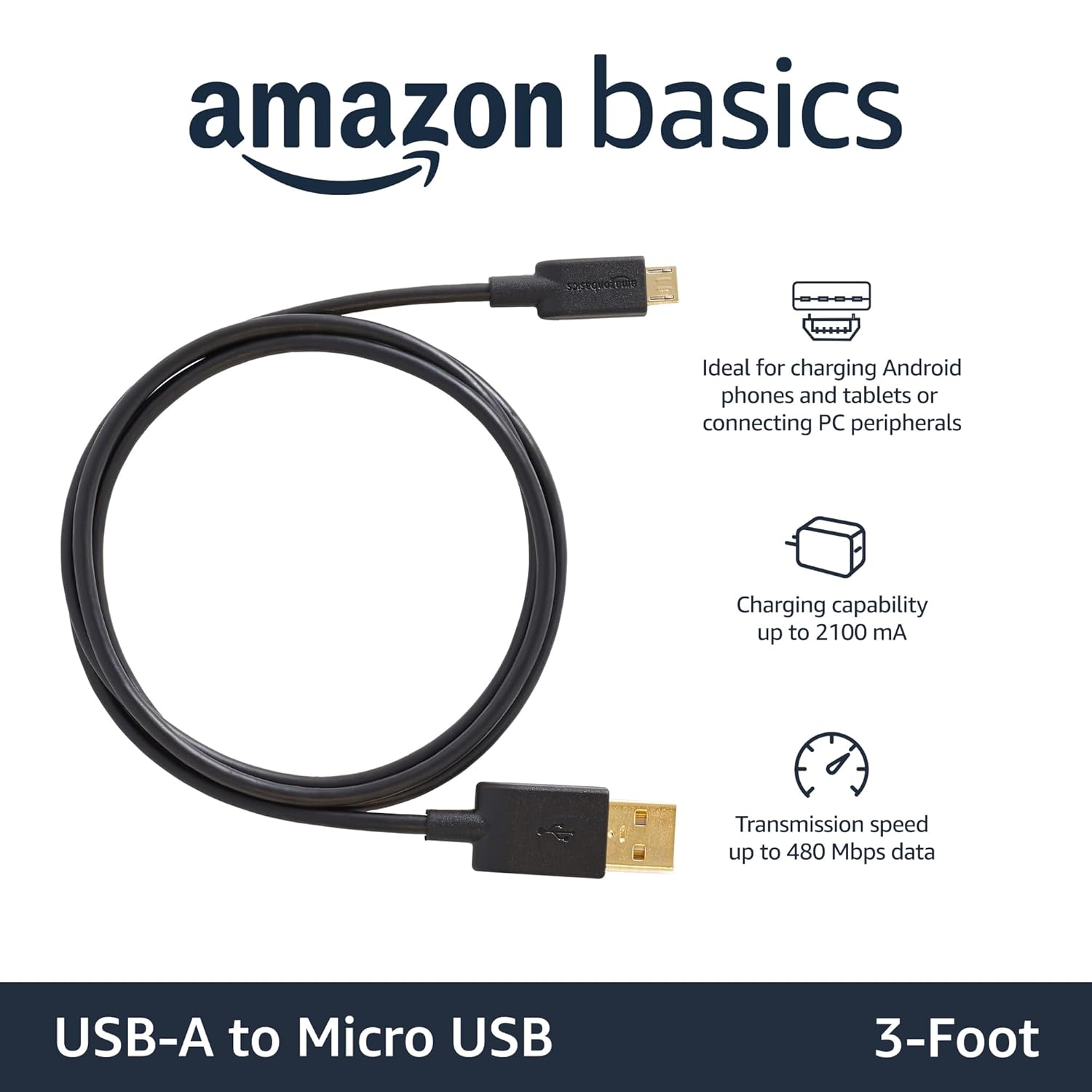 Amazon Basics 3-Pack USB-A to Micro USB Charging Cable, 480Mbps Transfer Speed with Gold-Plated Plugs, USB 2.0, 3 Foot, Black