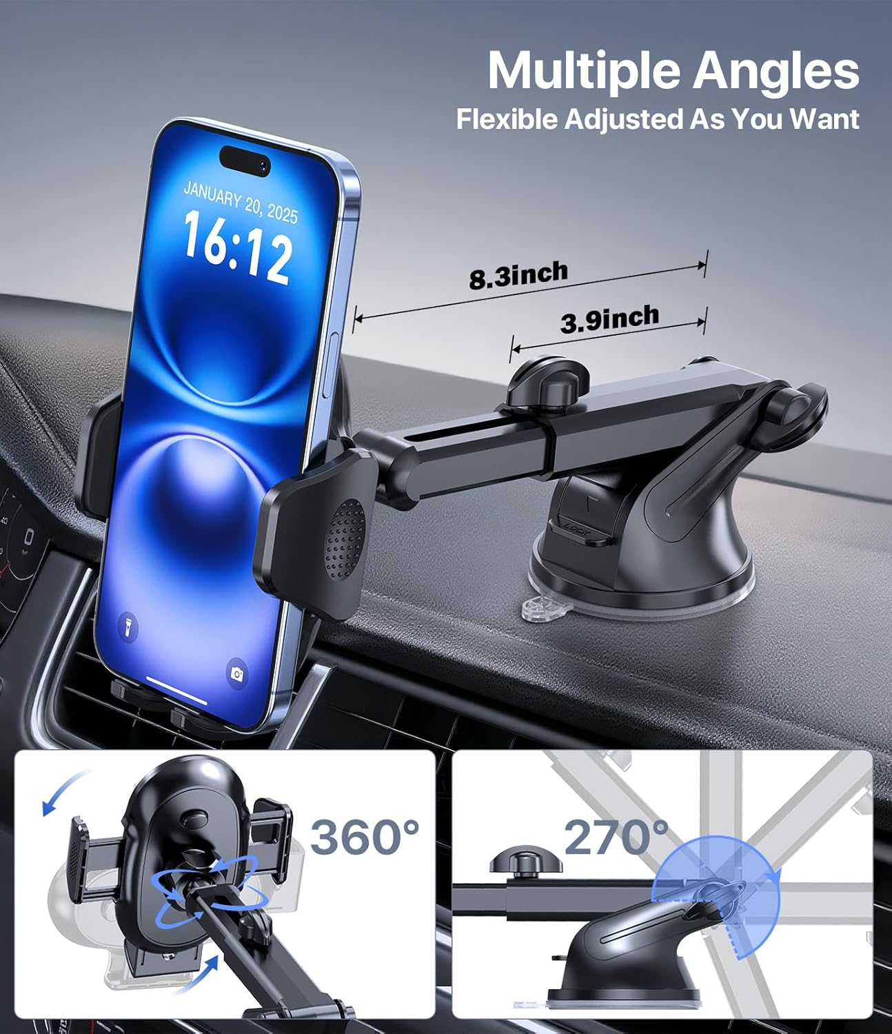 Miracase Phone Holders for Your Car, [Thick Case & Heavy Phone Friendly] Universal Cell Phone Car Mount, 3-in-1 Phone Mount for Car Dashboard Windshield Air Vent Fit for All Smartphones, Dark Grey