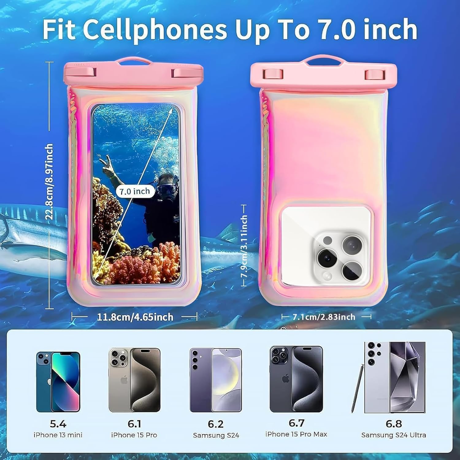 Floatable Waterproof Phone Pouch Case for iPhone 16 Pro Max/15/14/13/12, IP68 Travel Cellphone Dry Bag, Beach Cruise Ship Essentials Bags with Crossbody Lanyard, Iridescent Pink 1 Pack