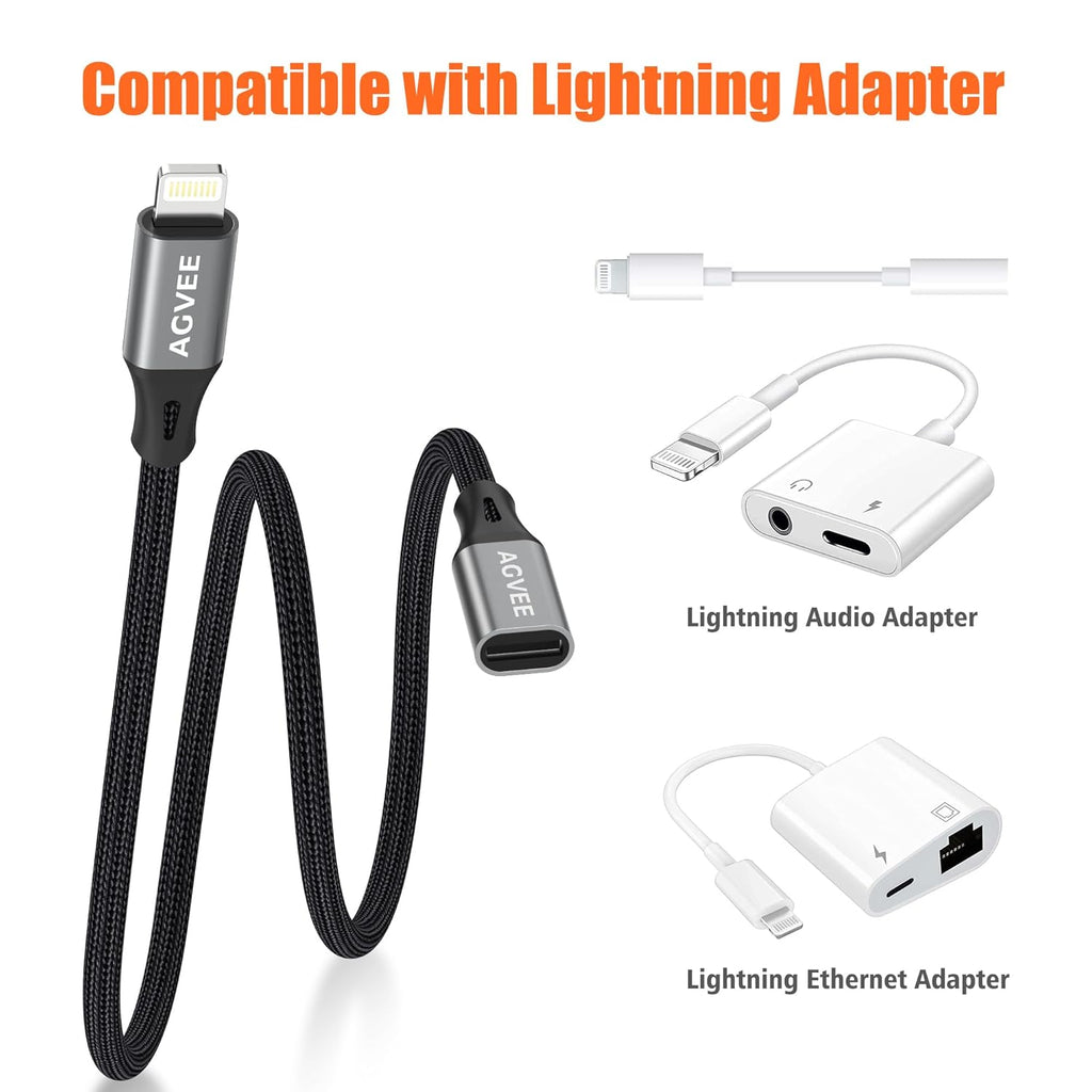 AGVEE 4 inch Lightning Extension Cable, Braided Female to Male Extender Full Function Cord Compatible with iPhone iPad, Data Sync Video Audio & Charging Connector Adapter, Dark Gray