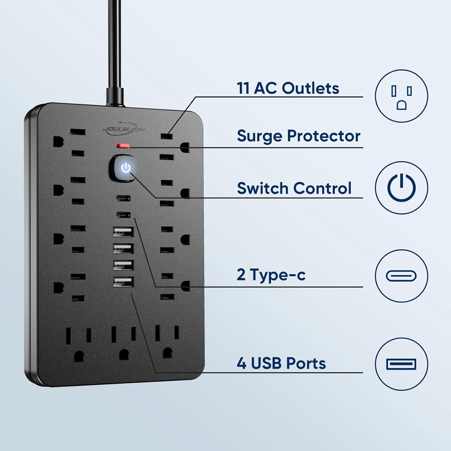 2PCS 5 FT Flat Plug Surge Protector Power Strip,11 Multiple AC Outlets with 6 USB Ports (2 USB C), 5 Feet Extension Cord, 1250W/10A, One Touch Switch Button, 17 in 1 Compact powerstrip
