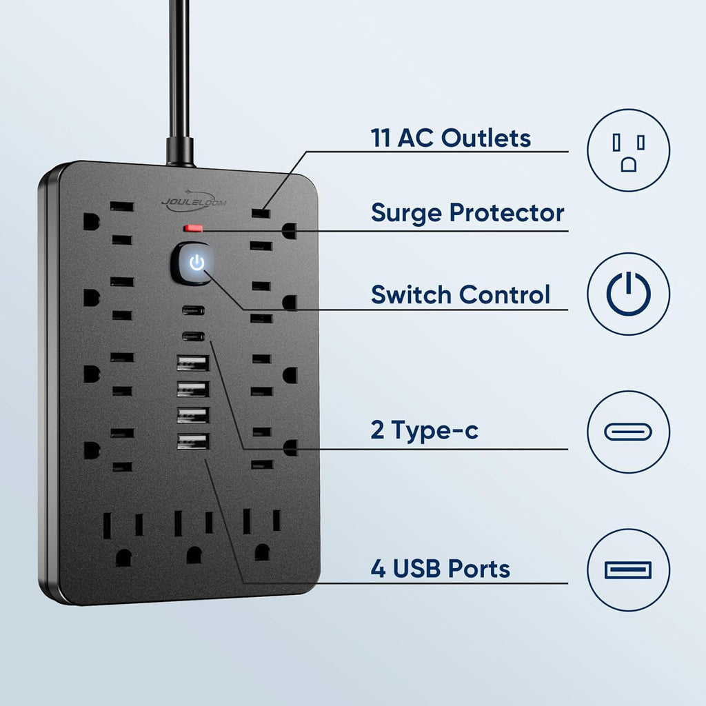 15 FT Flat Plug Surge Protector Power Strip,11 Multiple AC Outlets with 6 USB Ports (2 USB C), 15 Feet Extension Cord, 1250W/10A, One Touch Switch Button, 17 in 1 Compact powerstrip