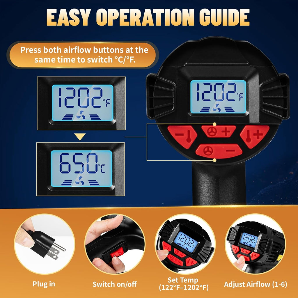 TECKWRAP Heat Gun 2000W with LCD Display, Adjustable Hot Air Gun for Vinyl Wrap, Shrink Wrap, Paint Removal & DIY Crafts (122–1202°F)
