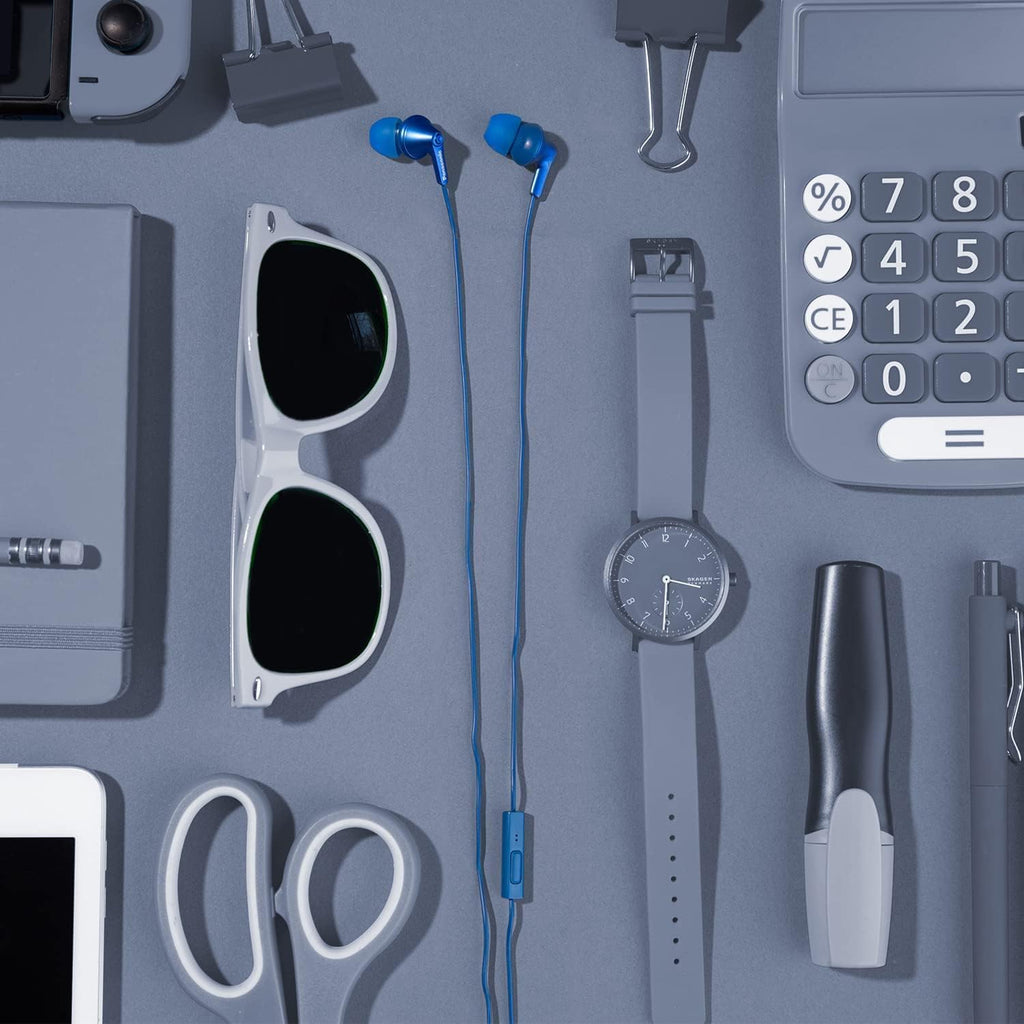 Panasonic ErgoFit Wired Earbuds with Microphone, 3.5mm Jack Headphones with Mic and Call Controller, Ergonomic Custom-Fit Earpieces (S/M/L), for Phones and Laptops - RP-TCM125-AA (Metallic Blue)